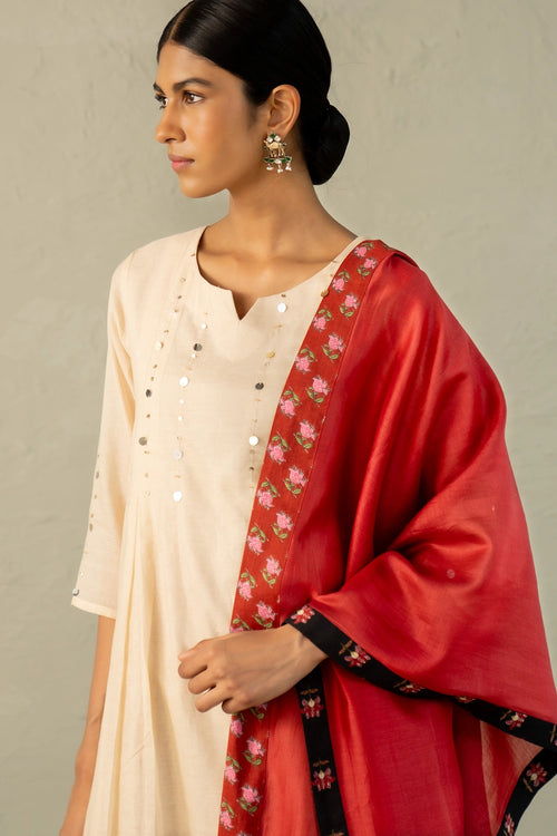 Beige Phool Dori Pleated Kurta Set