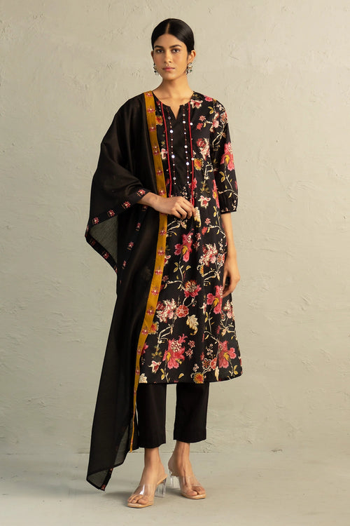 Black Phool Dori Kurta Set