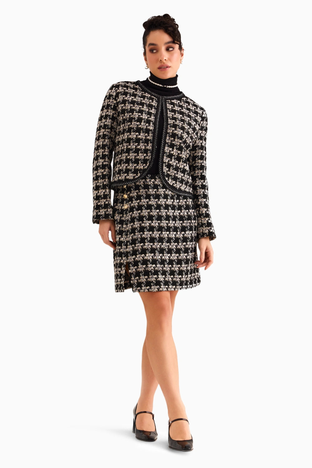 Black Houndstooth Boucle Jacket & Skirt