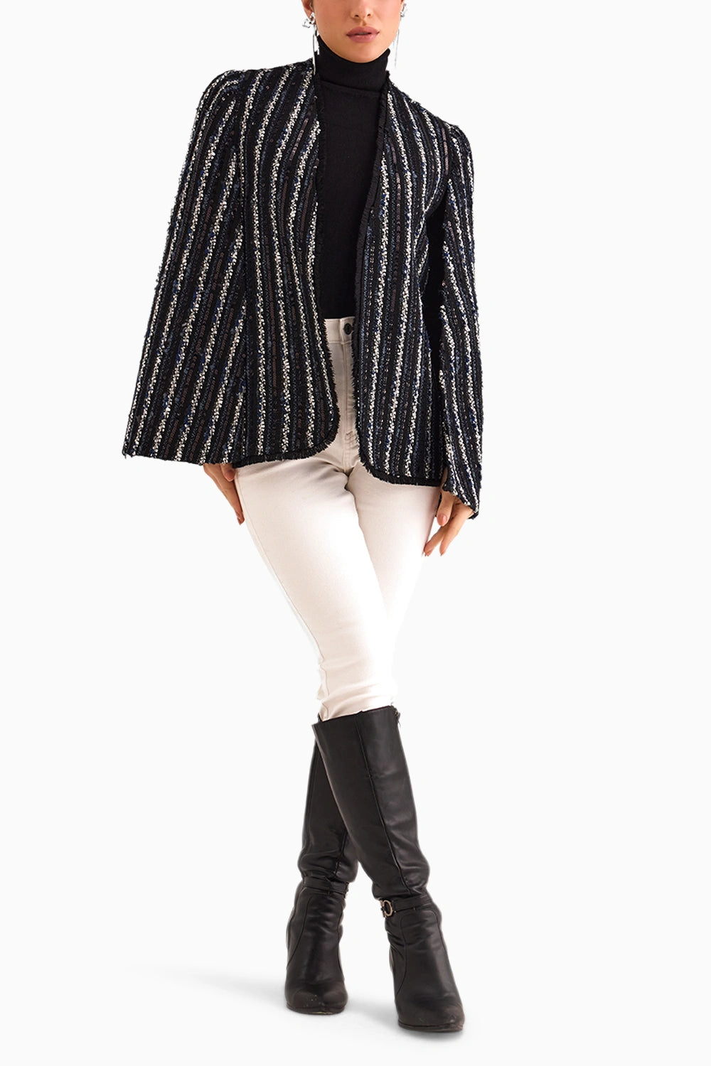 Black Sequence Stripe Cape