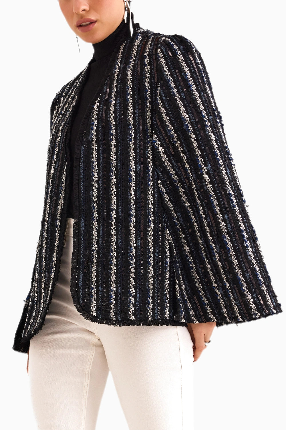 Black Sequence Stripe Cape