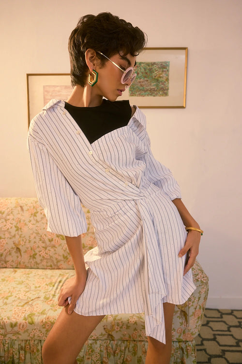 Pinstripe Asymmetric Wrap Dress