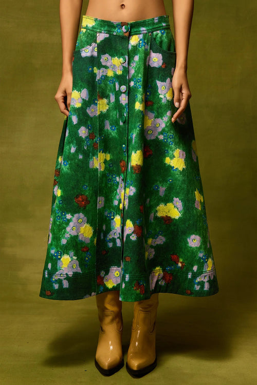 Emerald Bloom Flared Skirt