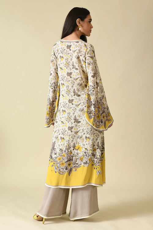 Yellow Gray Double Georgette Bird Printed Dress