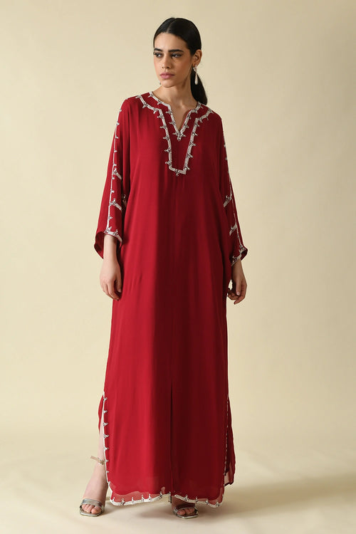 Red Viscose Georgette Moti Work Kaftan