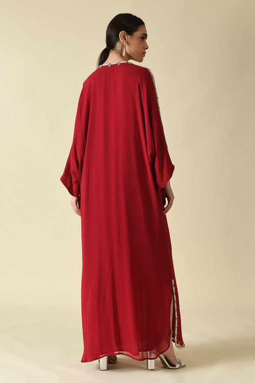 Red Viscose Georgette Moti Work Kaftan
