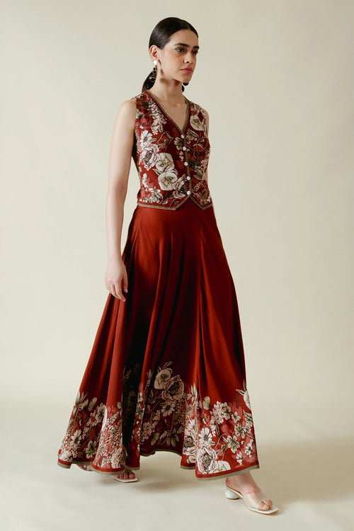 Brown Floral Printed Double Georgette Dress