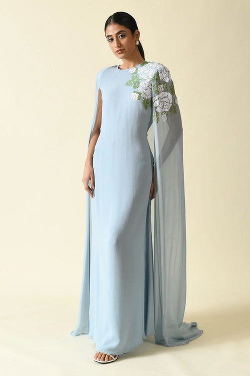 Ice  Blue Viscose Georgette Sequins Work Jalabiya Attached Cape