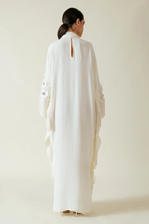 Ivory Viscose Georgette Feather Work Kaftan