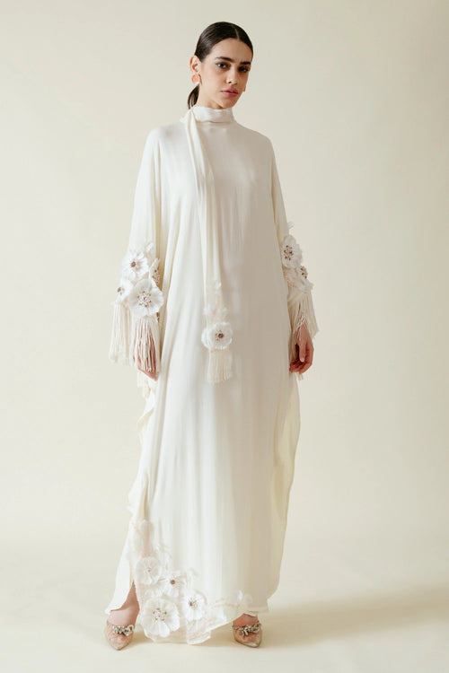 Ivory Viscose Georgette Feather Work Kaftan