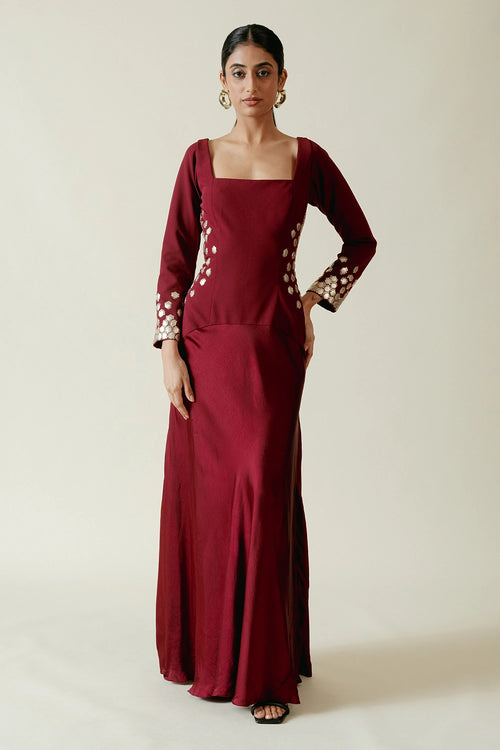 Maroon Banana Crepe Raxine Patch Dress