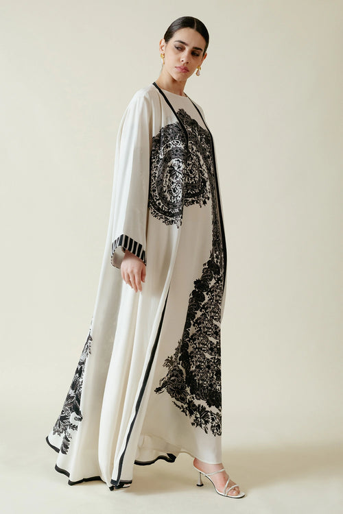 Ivory Black Double Georgette Paisley Printed Abaya With Jalabiya