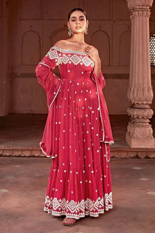 Fuchsia Diamond Off Shoulder Angrakha