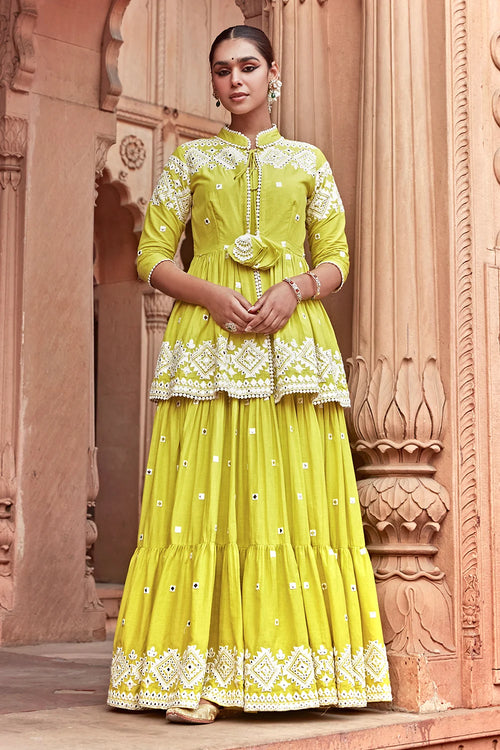 Neon Green Diamond Jacaket With Anarkali