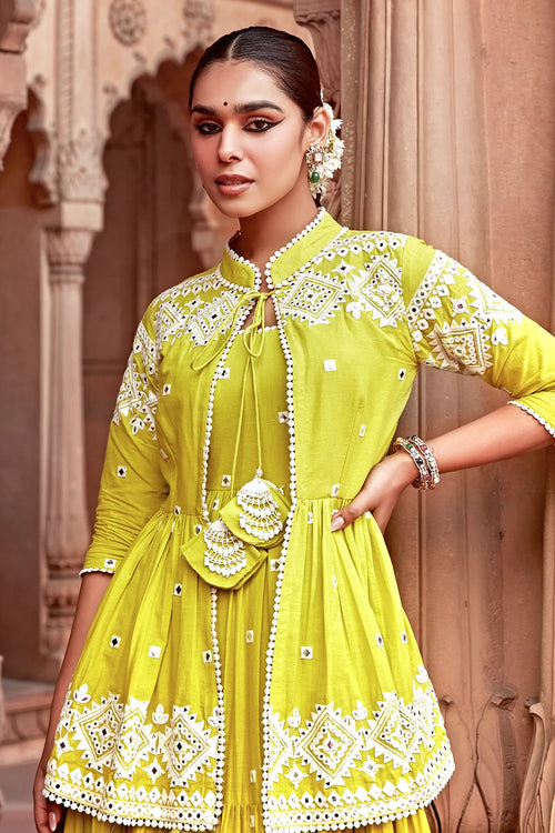 Neon Green Diamond Jacaket With Anarkali