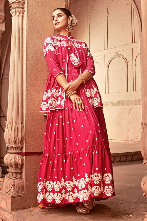 Fuchsia Flower Jacket With Anarkali