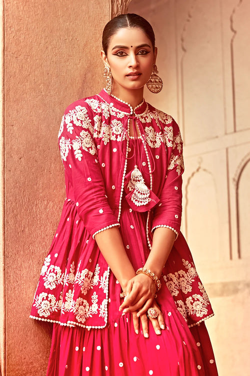Fuchsia Flower Jacket With Anarkali