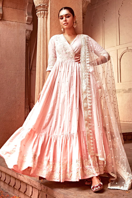 Blush Pink Flower Angrakha With Embroidered Dupatta