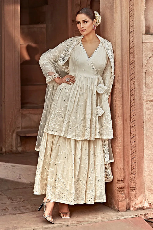Off White Double Layer Barfi Embroidered Angrakha