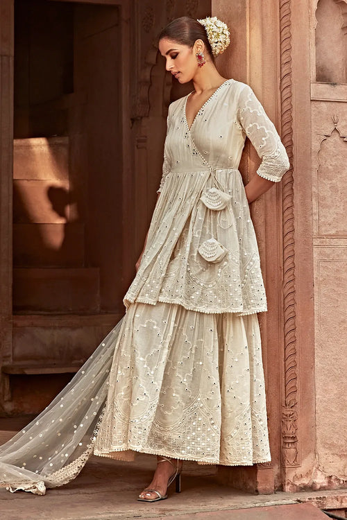 Off White Double Layer Barfi Embroidered Angrakha