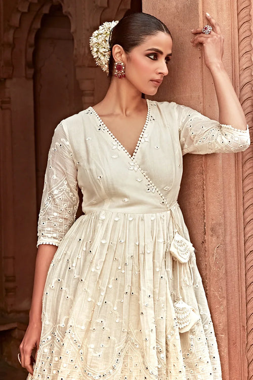 Off White Double Layer Barfi Embroidered Angrakha