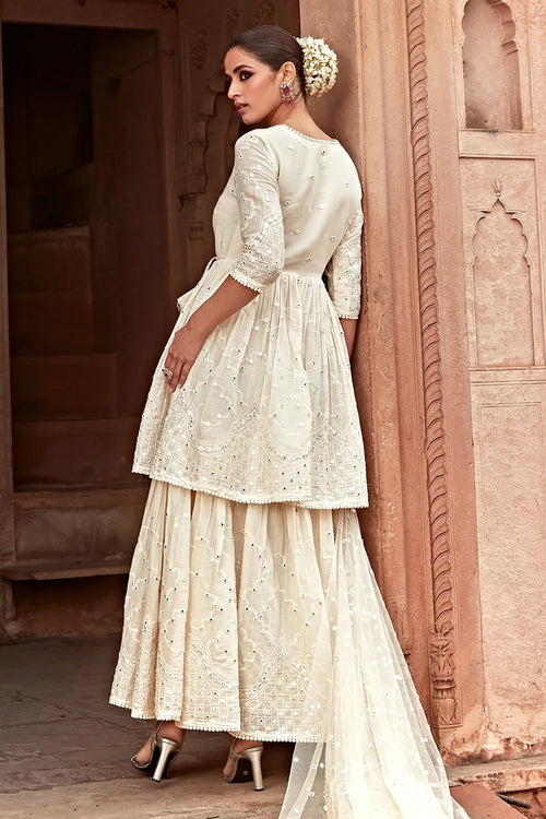 Off White Double Layer Barfi Embroidered Angrakha
