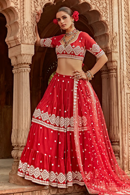 Red Diamond Lehenga With Embroidered Dupatta