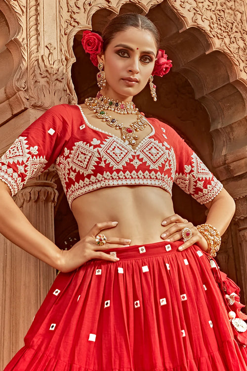 Red Diamond Lehenga With Embroidered Dupatta