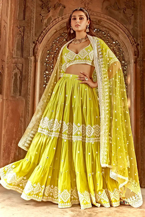 Neon Green Diamond Lehenga With Embroidered Dupatta