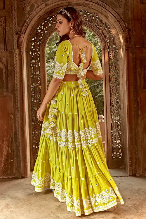 Neon Green Diamond Lehenga With Embroidered Dupatta
