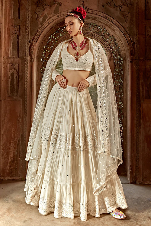 Off White Diamond Lehenga With Embroidered Dupatta