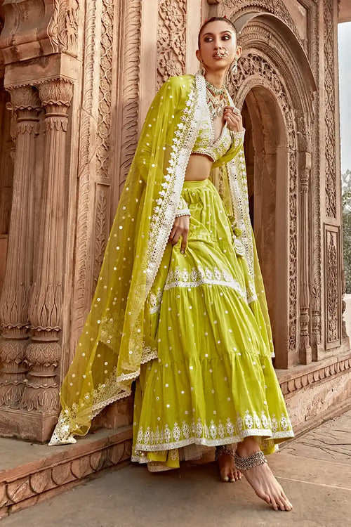 Neon Green Triangle Lehenga With Embroidered Dupatta