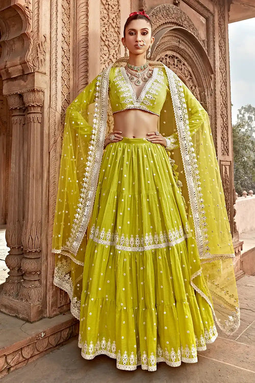 Neon Green Triangle Lehenga With Embroidered Dupatta