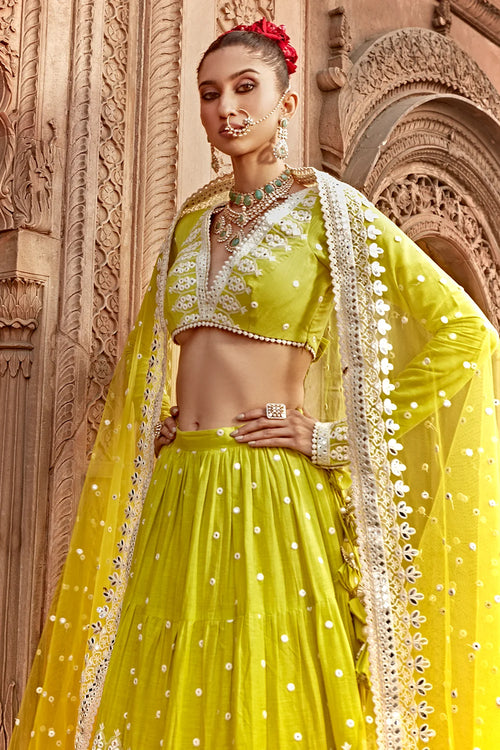 Neon Green Triangle Lehenga With Embroidered Dupatta