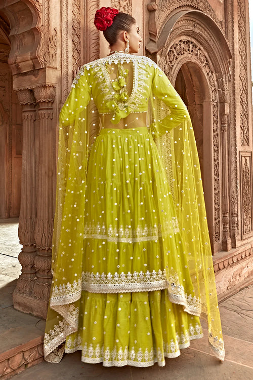 Neon Green Triangle Lehenga With Embroidered Dupatta