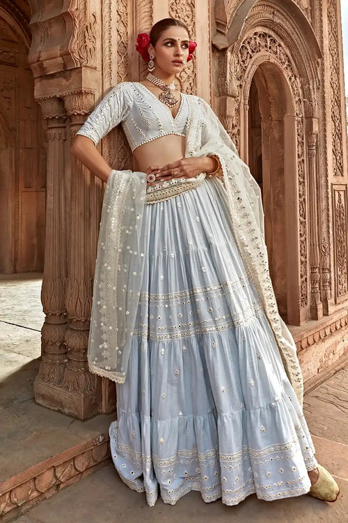 Ice Blue All Three Lehenga With Embroidered Dupatta