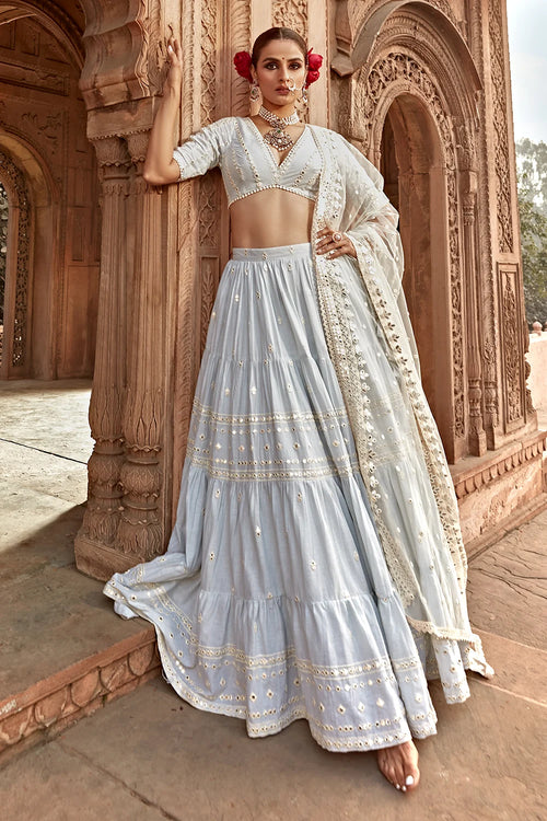 Ice Blue All Three Lehenga With Embroidered Dupatta
