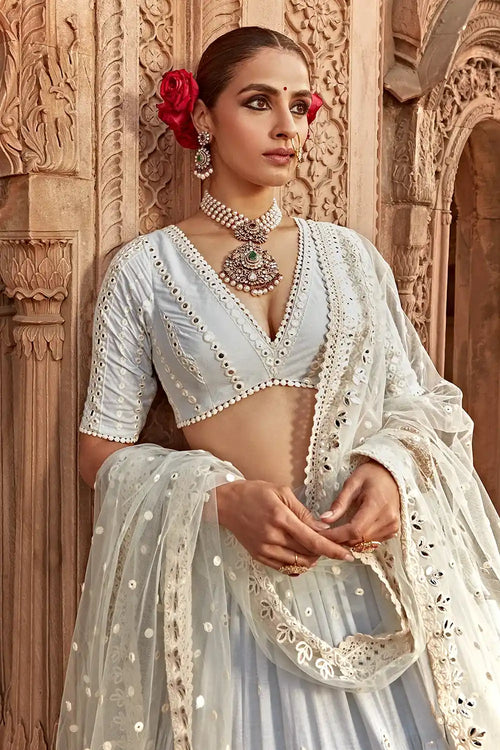 Ice Blue All Three Lehenga With Embroidered Dupatta