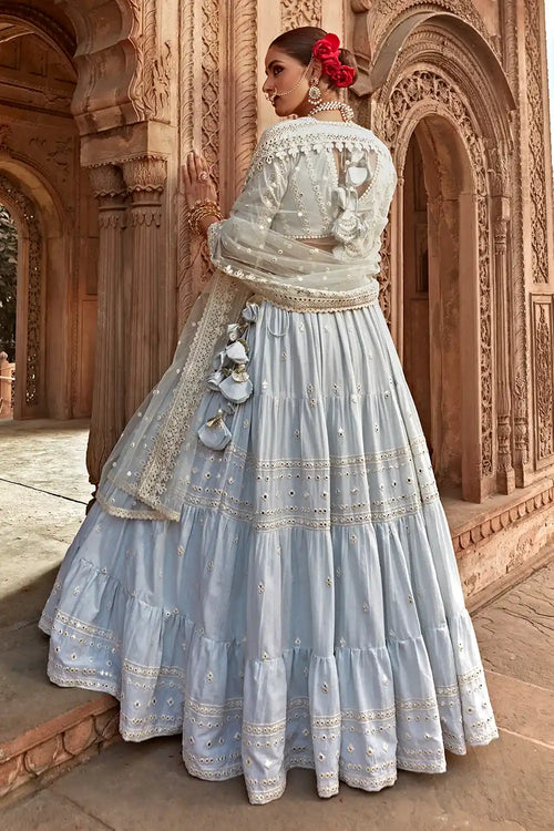 Ice Blue All Three Lehenga With Embroidered Dupatta