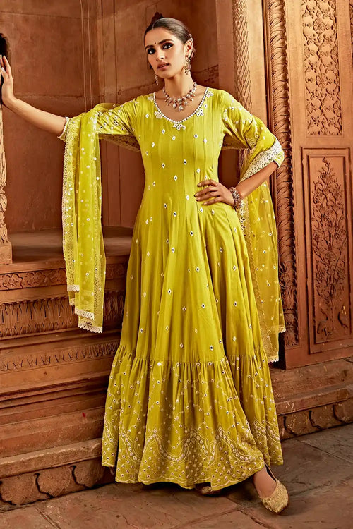 Neon Green Barfi Anarkali With Embroidered Dupatta