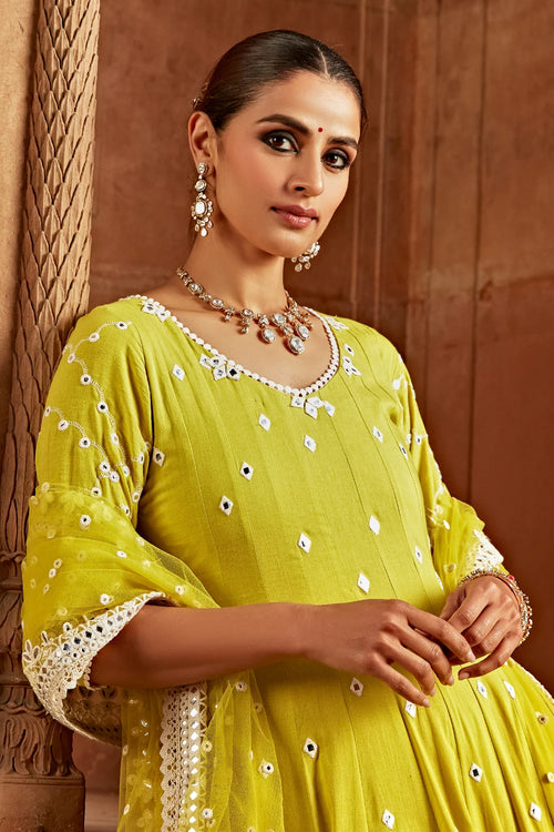 Neon Green Barfi Anarkali With Embroidered Dupatta
