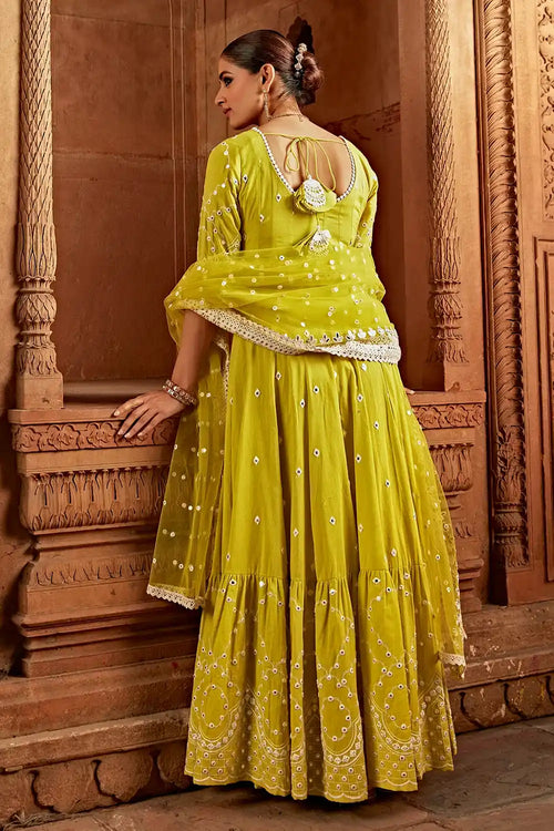 Neon Green Barfi Anarkali With Embroidered Dupatta