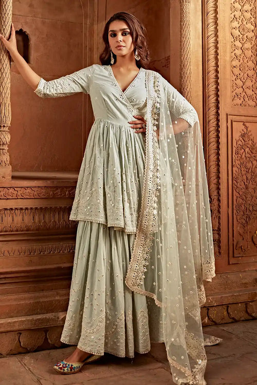 Ice Blue Double Layer Barfi Embroidered Angrakha