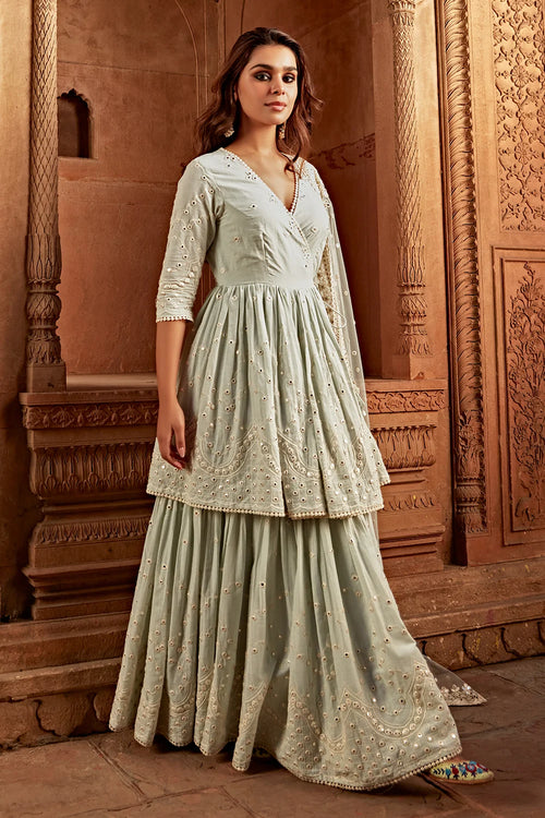 Ice Blue Double Layer Barfi Embroidered Angrakha