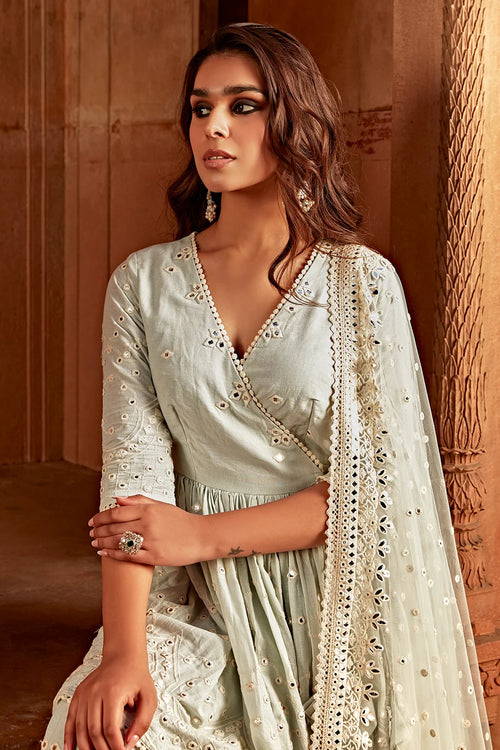Ice Blue Double Layer Barfi Embroidered Angrakha