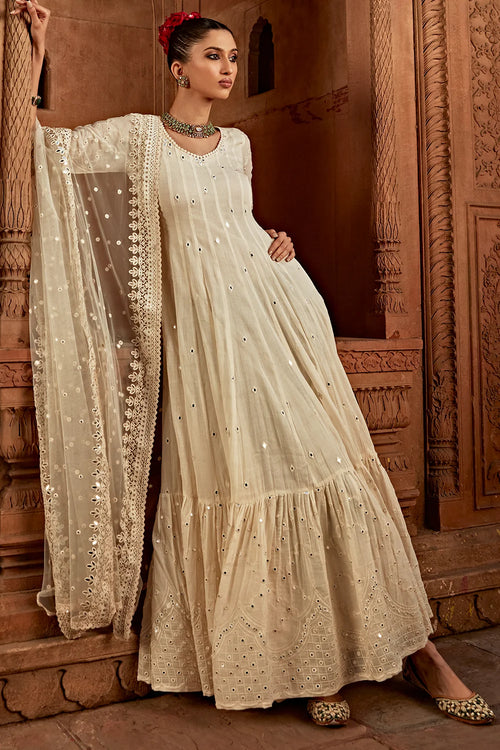 Off White Barfi Anarkali With Embroidered Dupatta