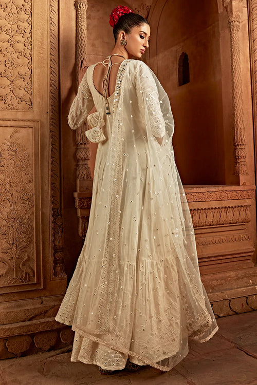Off White Barfi Anarkali With Embroidered Dupatta