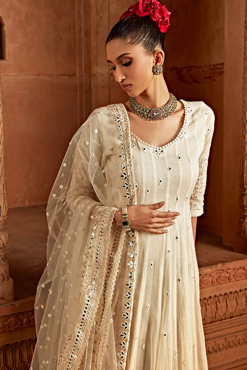 Off White Barfi Anarkali With Embroidered Dupatta