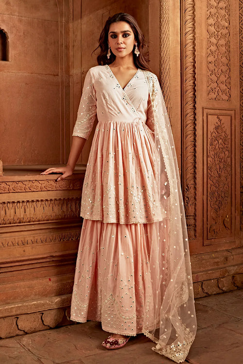 Blush Pink Double Layer Barfi Embroidered Angrakha