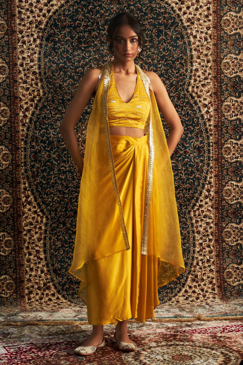 Marigold Embroidered jacket with Draped Skirt Set